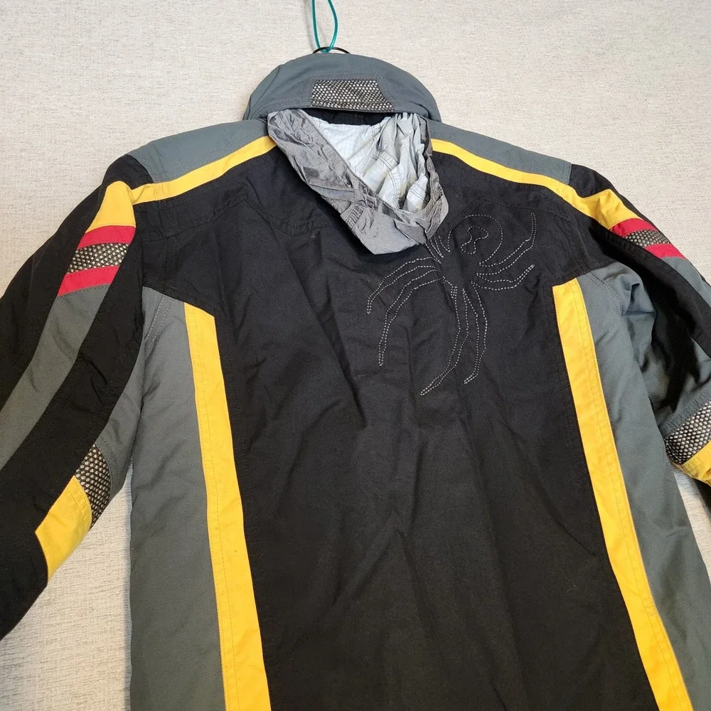 Spyder Ski Jacket Boys Size 12 Black Yellow Grey Insulated Hooded Winter Coat